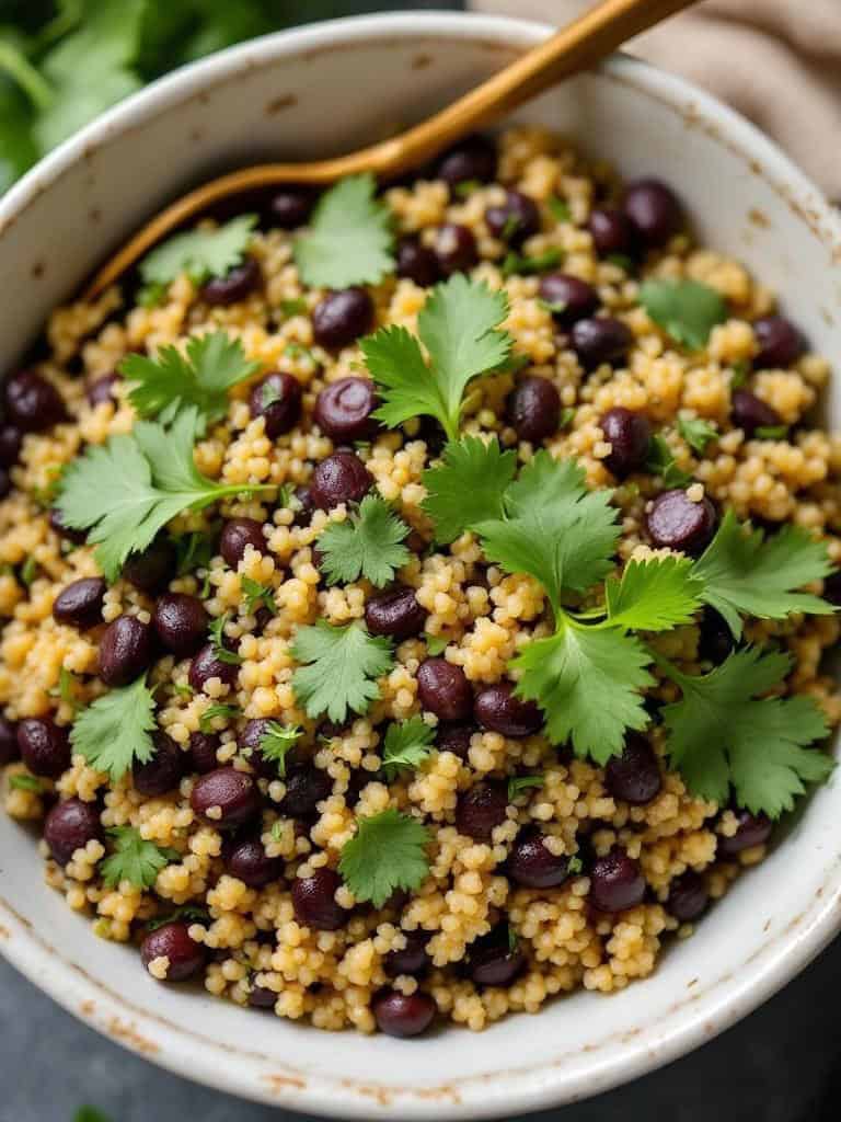 A bowl of quinoa and black bean salad garnished with fresh cilantro.