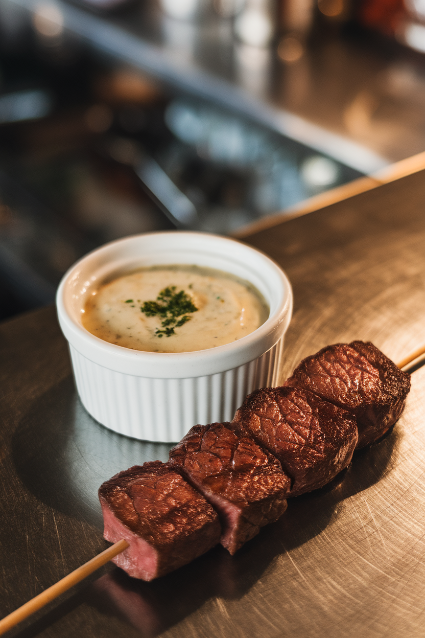 An indoor bar top displaying mini skewers of seared medium-rare steak cubes beside a ramekin of creamy garlic sauce, a subtle sprinkle of parsley on top. No text or logos present. Photo, not illustration.