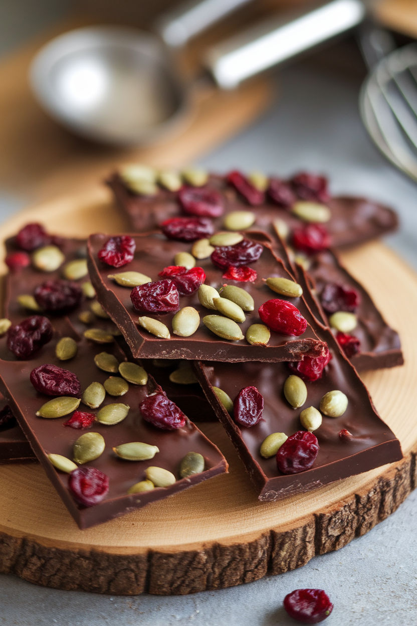 Indoor photo of slabs of dark chocolate bark embedded with dried cranberries and pumpkin seeds, broken into pieces. No text or logos.