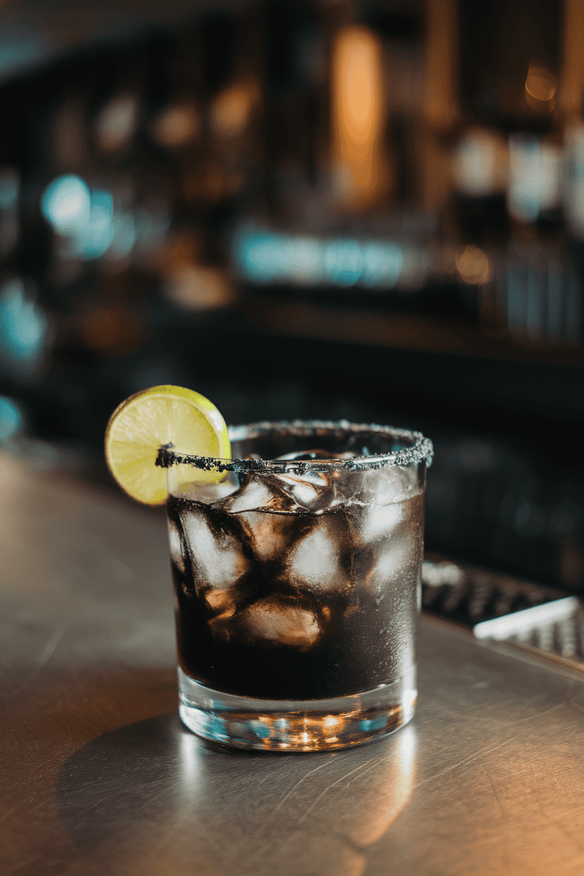 A dimly lit indoor bar counter showcasing a rocks glass filled with an inky-black margarita over clear ice, rimmed with black lava salt; a wedge of lime rests on the rim. No text or logos anywhere in the scene; photo, not illustration.