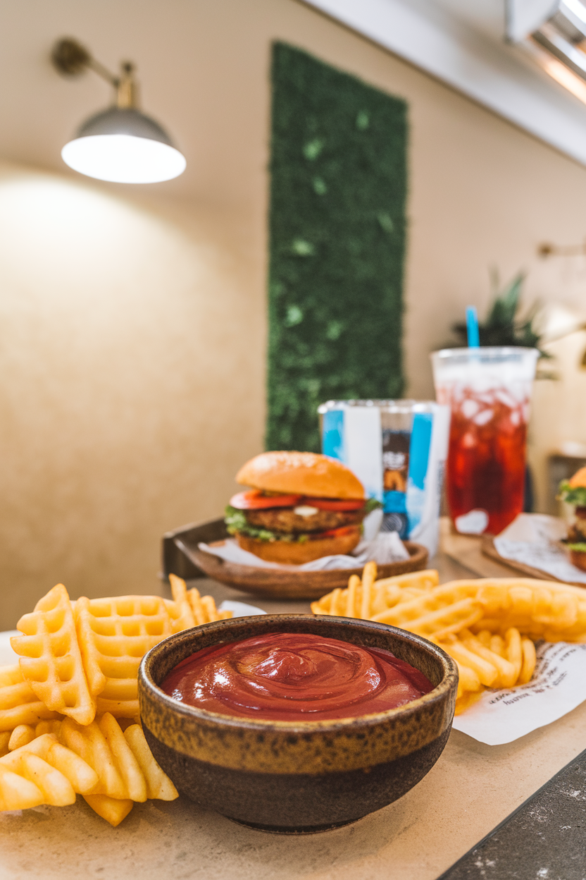 An indoor snack bar with a small ceramic bowl of deep red gochujang mayo dip, waffle fries beside it. Photo, no text or logos.