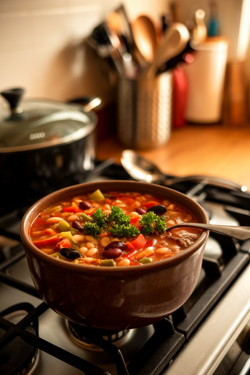 An indoor kitchen scene with a deep bowl of vegetable and bean minestrone, garnished with parsley and a spoon resting on the side; no branding or text.