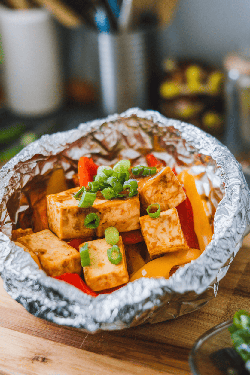 Indoor photo of cubed tofu, bell peppers, and teriyaki glaze inside an open foil packet; no text or logos.