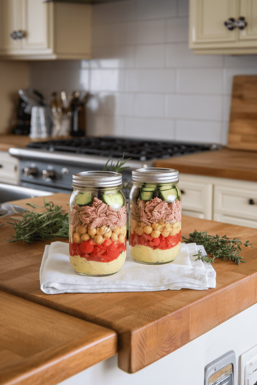 Indoor kitchen island with mason jars layered with flaked tuna, chickpeas, diced cucumber, tomatoes, olives, and a lemon vinaigrette at the bottom. Photo only, no text or logos.
