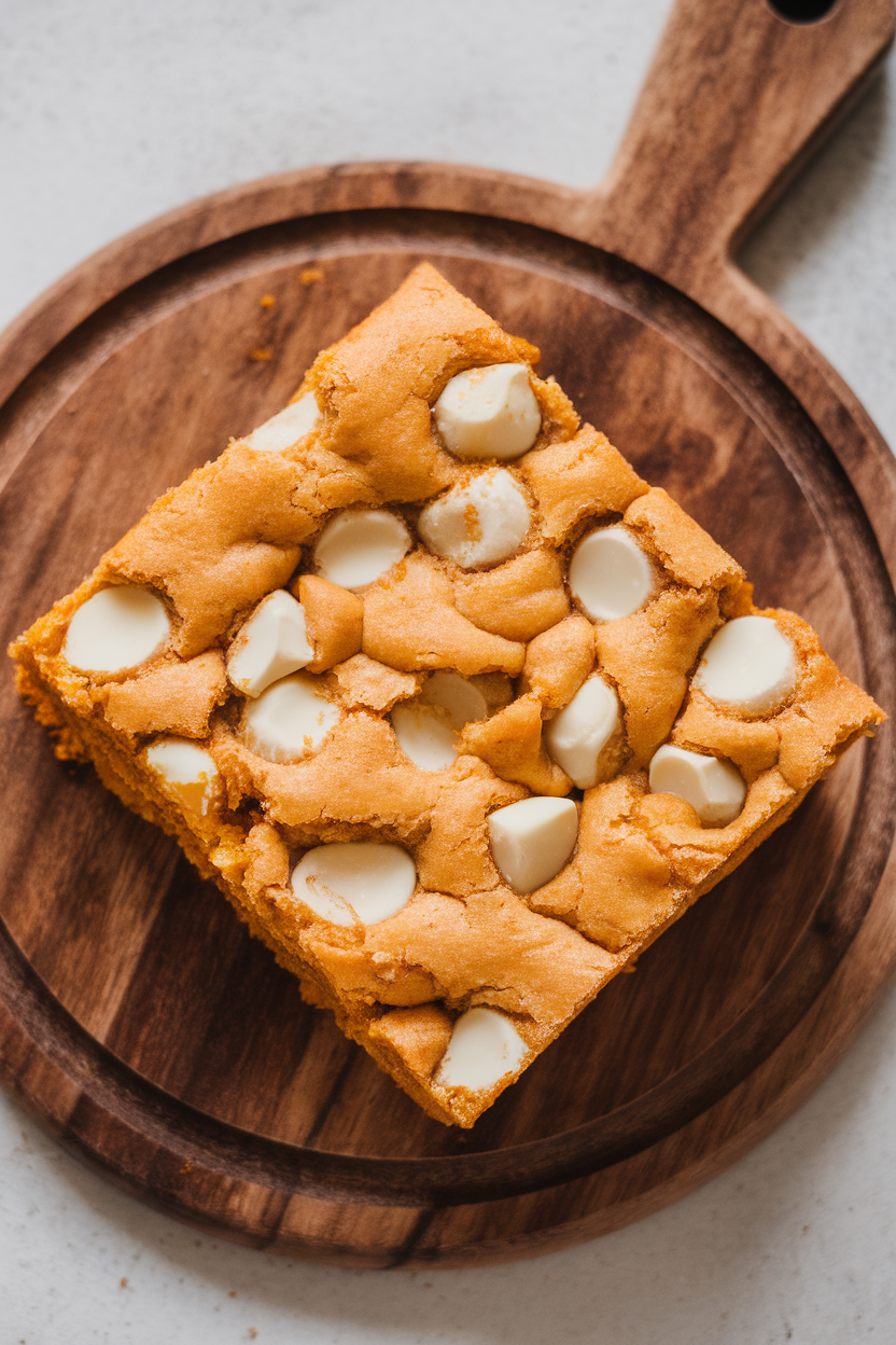 An indoor square of thick blondies on a wooden board, orange hue visible inside, white chocolate chunks scattered throughout. No text or logos.