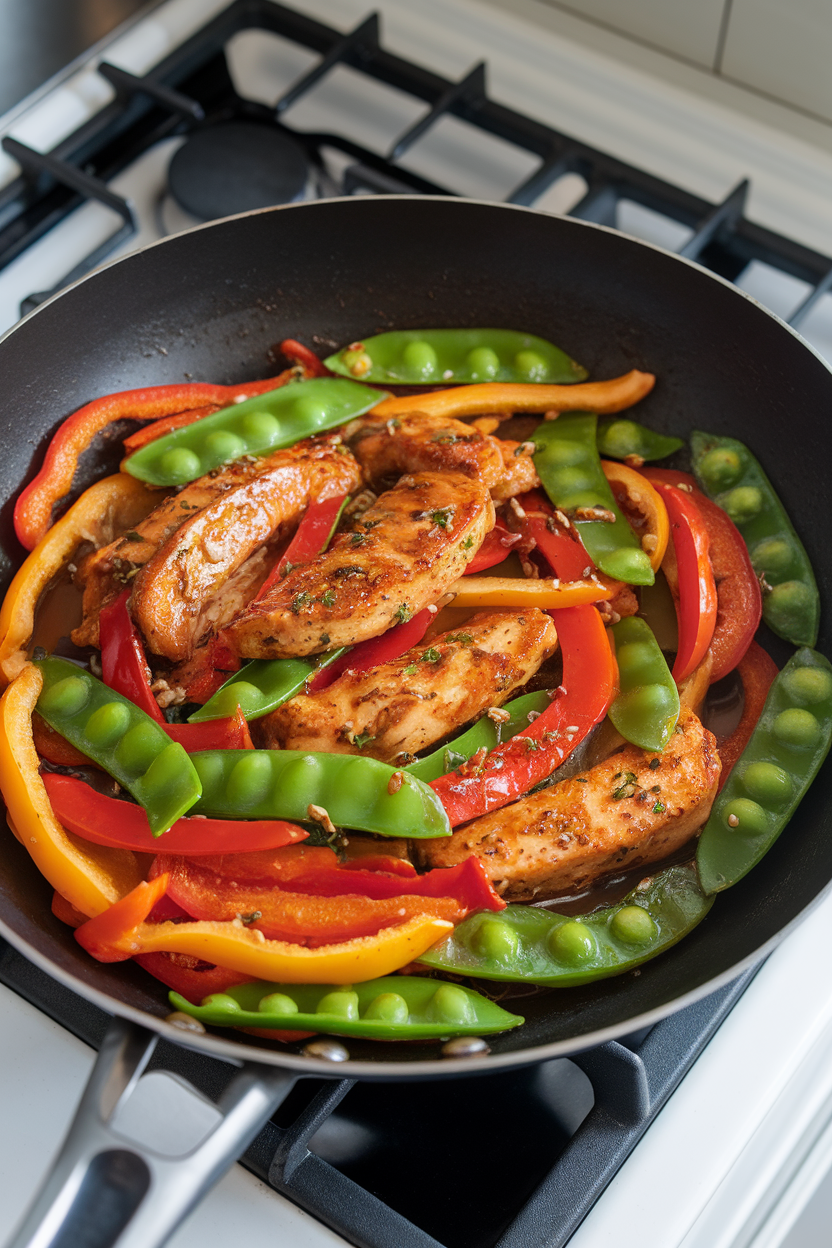 Indoor photo of colorful stir-fry with garlic-ginger chicken strips, bell peppers, and snap peas in a glossy sauce; wok on stove, no text or logos