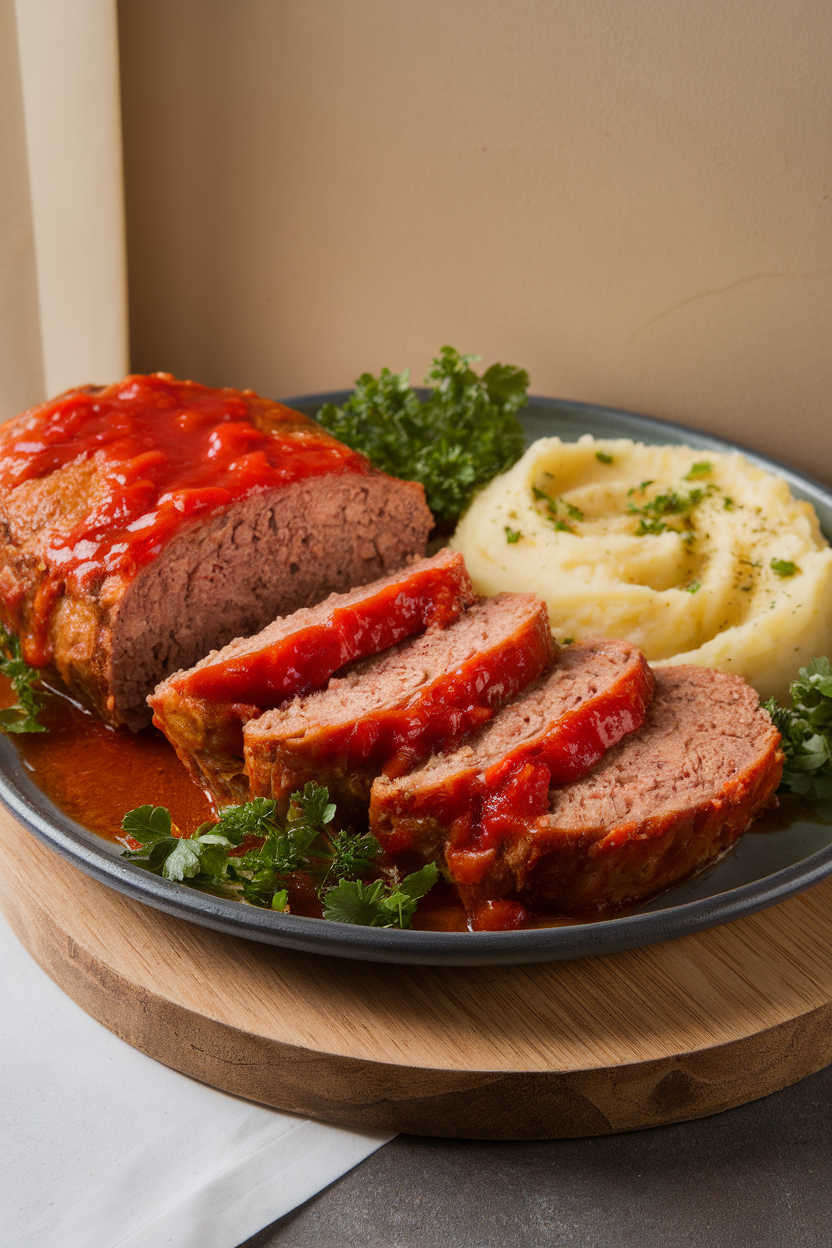Sliced meatloaf on a platter with tomato glaze, mashed potatoes in the background, indoors. No text or logos. Photo.