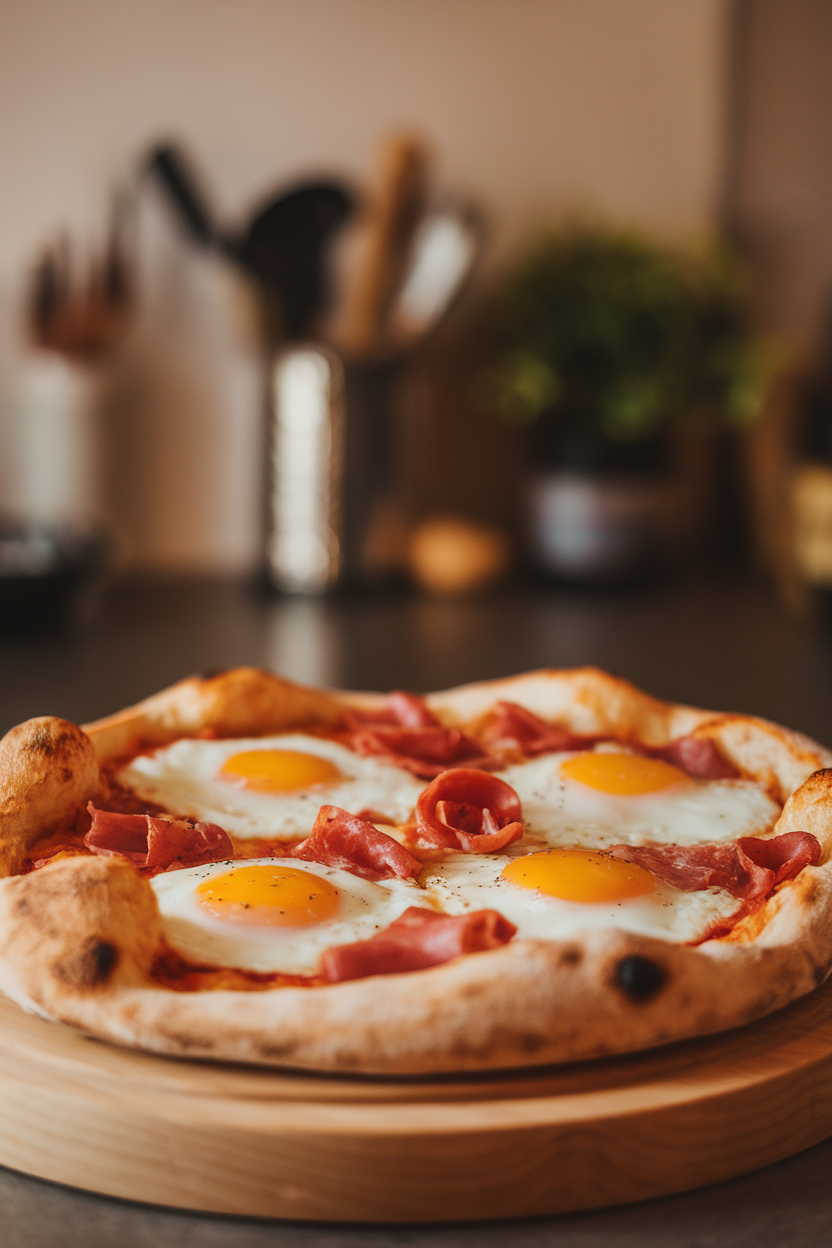 Morning indoor light on a pizza with sunny-side eggs set atop pancetta and pecorino, yolks bright and intact. Photo only, no text or logos.