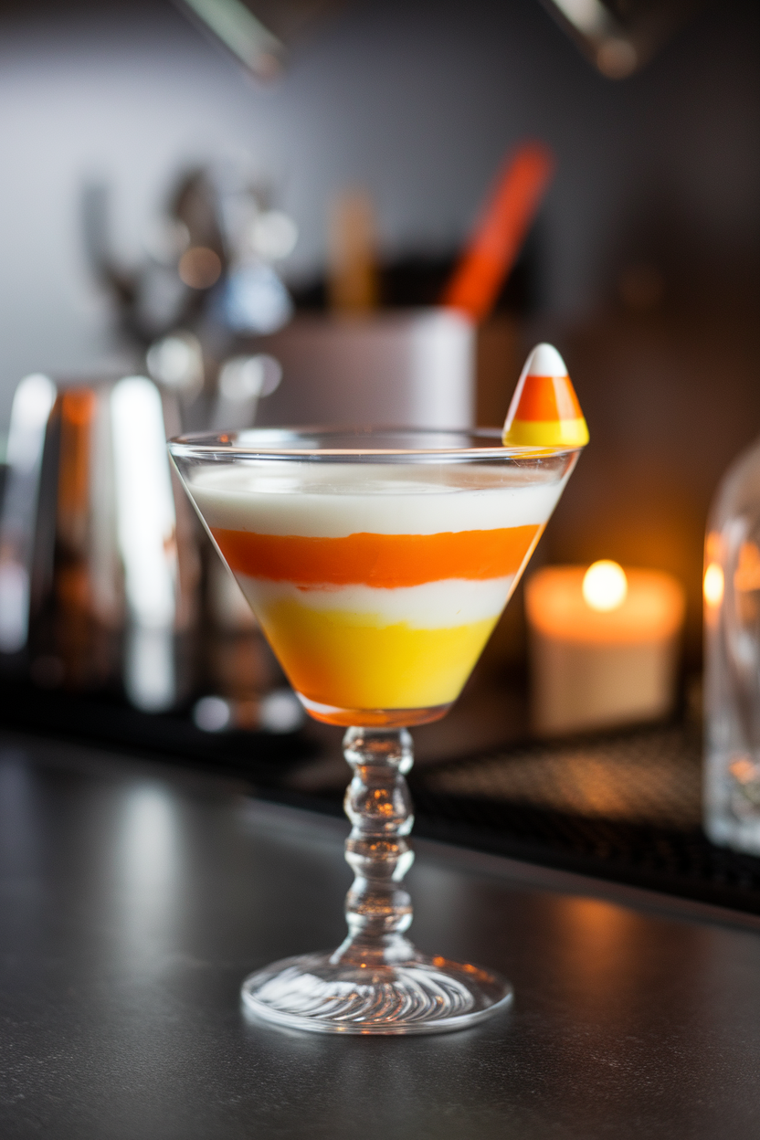 An indoor surface holding a layered martini in orange, yellow, and white, with a single candy corn perched on the rim. No text or logos visible. Photo, not illustration.