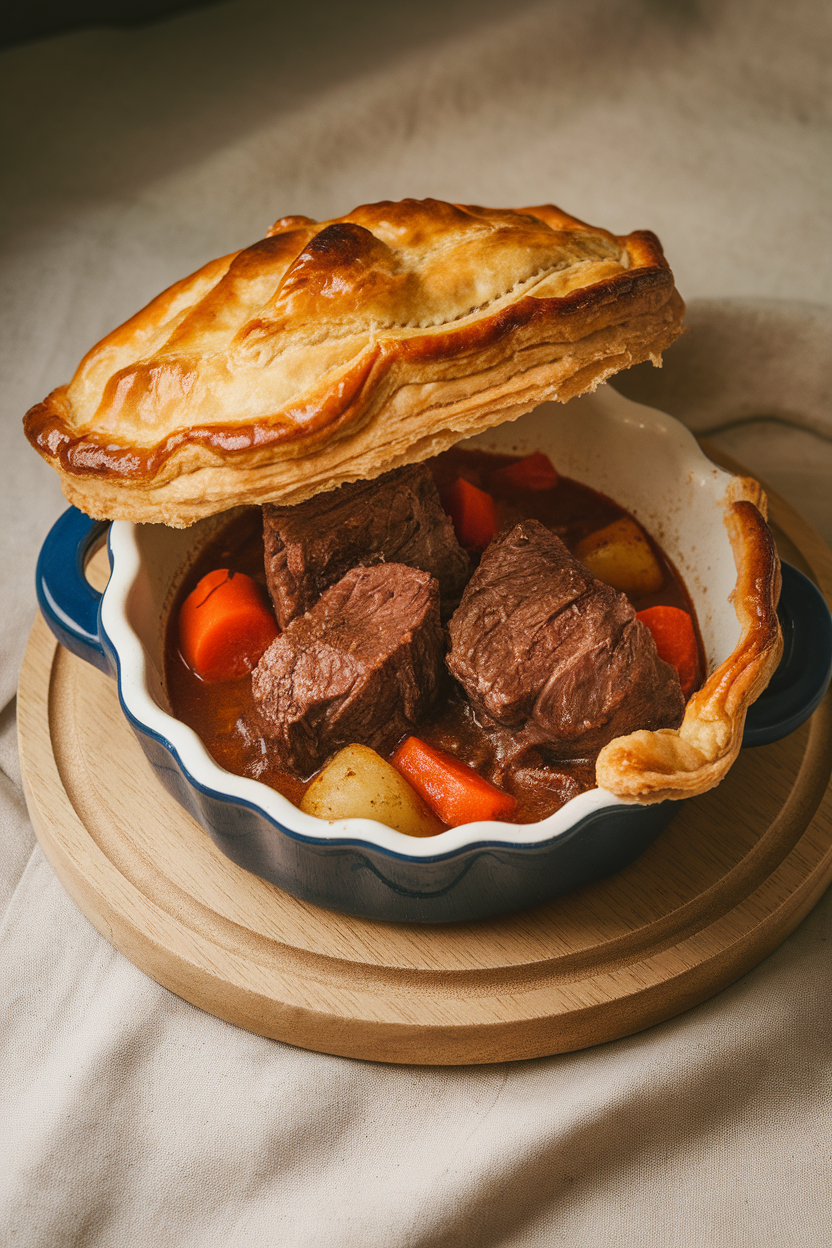Indoor photo of a ceramic pie dish with puff pastry top cracked open, revealing beef stew inside, no text or logos. Photograph, not illustration.