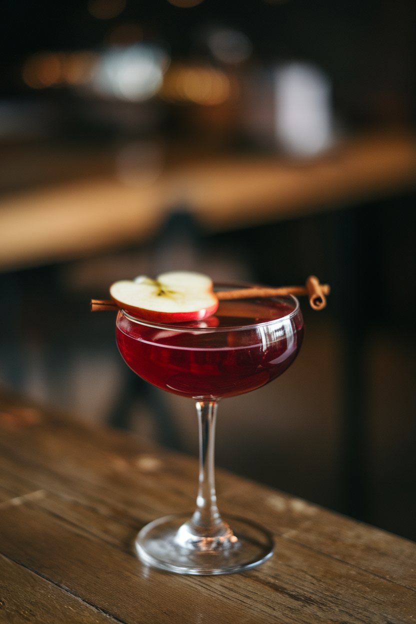 A dim indoor setting featuring a coupe glass of deep ruby-red cocktail, a thin apple slice floating on top, and a cinnamon stick stirrer. No text or logos anywhere. Photo, not illustration.