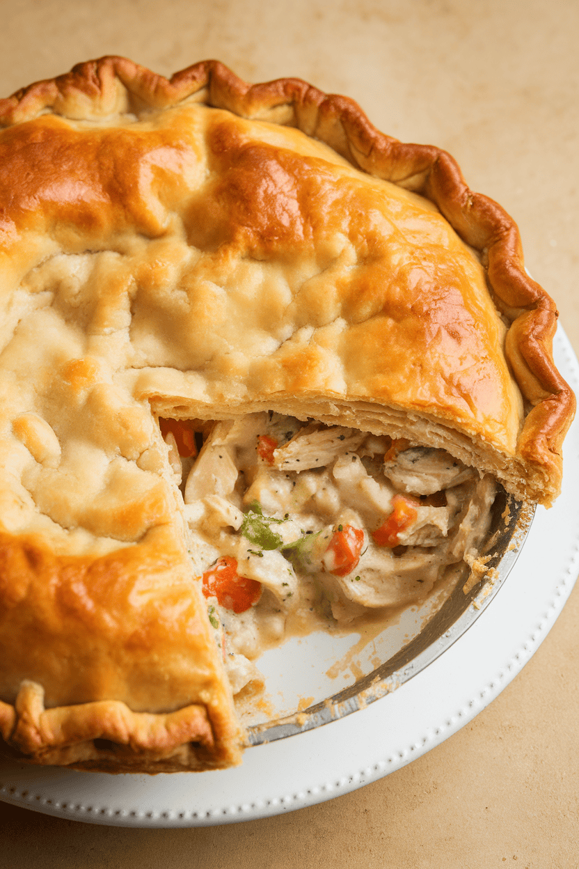 Indoor photo of a golden chicken pot pie with flaky crust, a slice removed to reveal creamy filling of chicken and vegetables. No text or logos visible.