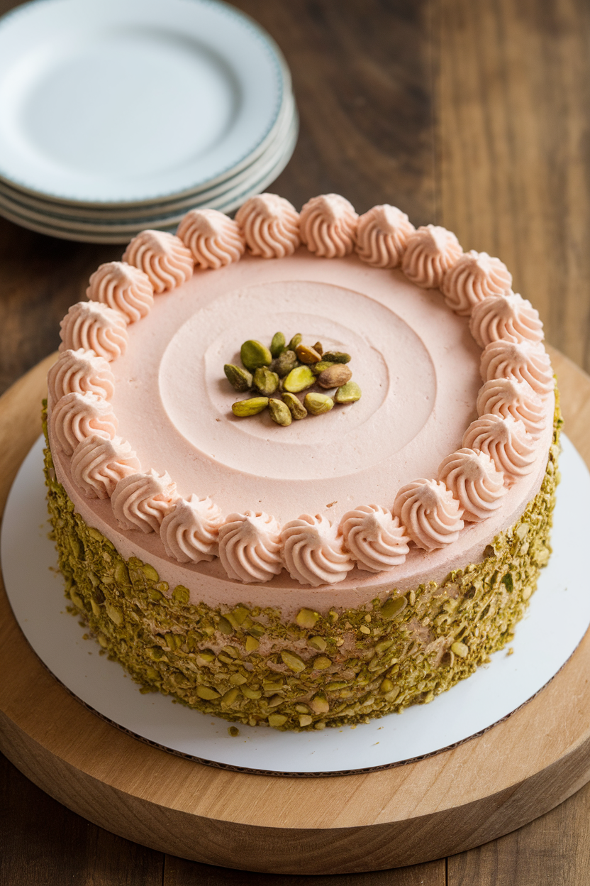An indoor shot of a pistachio cake with pale-pink rosewater buttercream, crushed pistachios pressed along the bottom edge. Photo only, no text or logos.