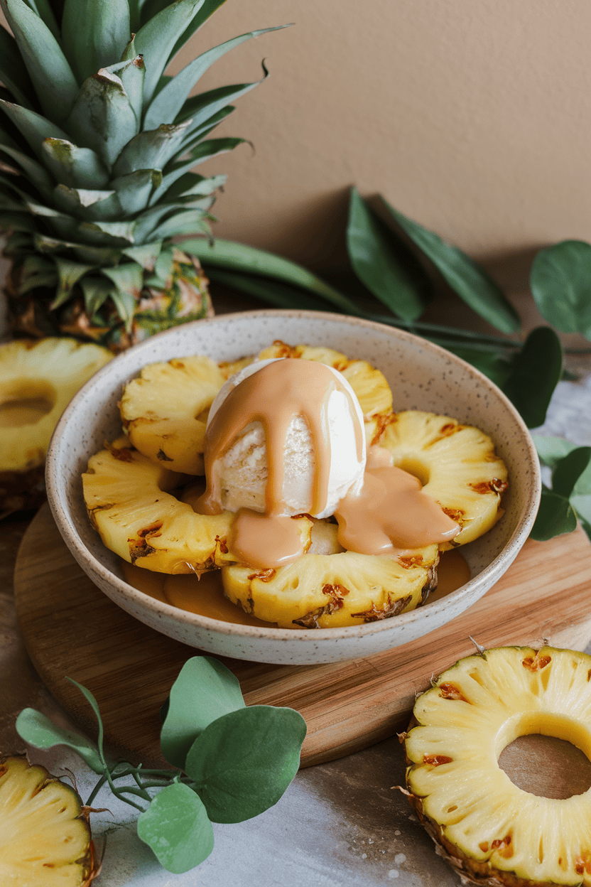 Indoor photo of caramelized pineapple rings in a shallow bowl, topped with vanilla ice cream and a drizzle of rum-free caramel sauce, no text or logos