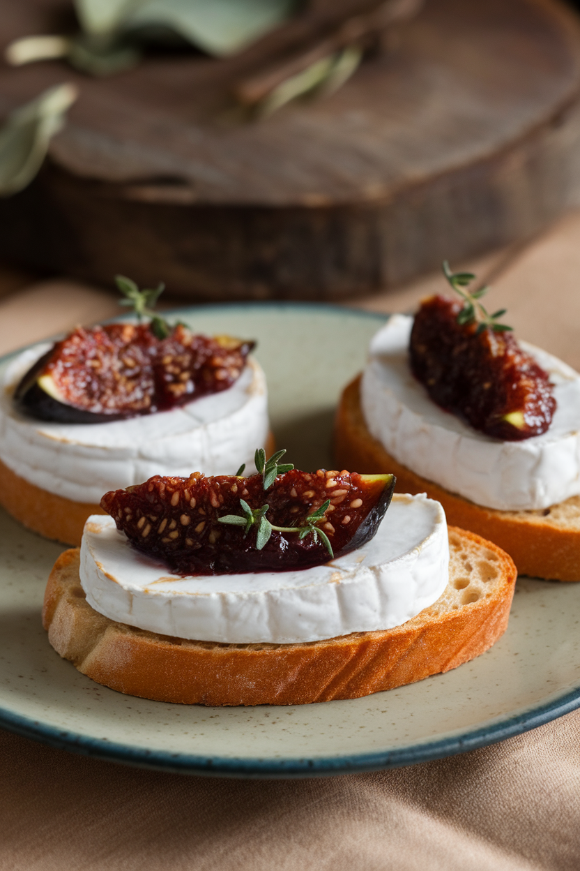 Photo of crostini topped with melted brie moons and dark fig jam, sprinkle of thyme, indoor plate. No text or logos.