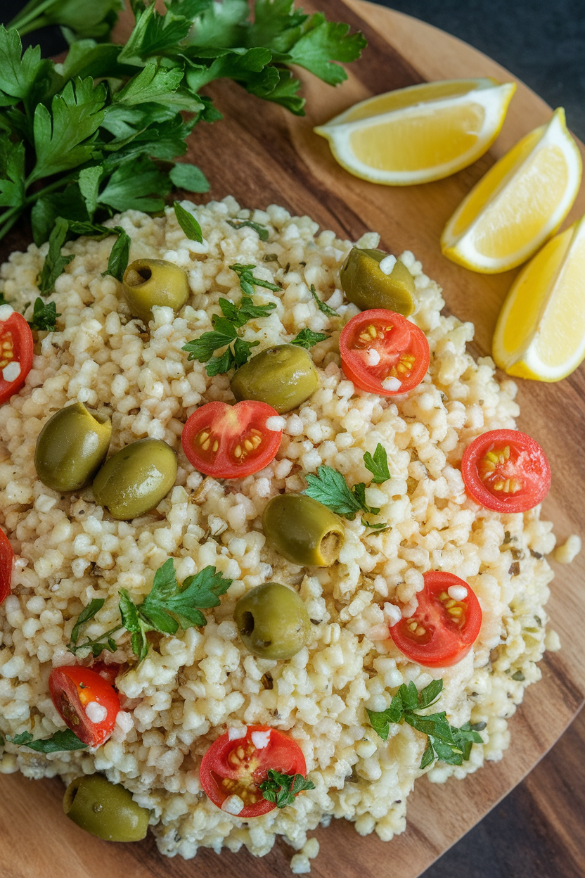 Overhead indoor image of bulgur salad dotted with green olives, cherry tomatoes, parsley, and lemon wedges. No text or logos.