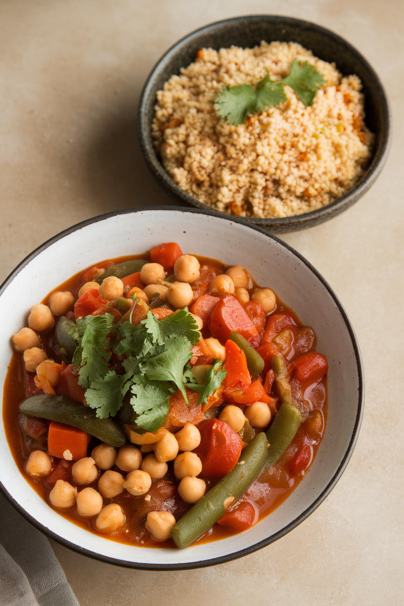 Bowl of spiced chickpea and vegetable stew with couscous on the side, shot indoors. No text or logos. Photo.