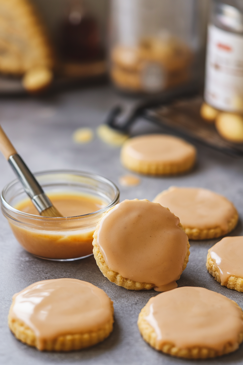 A countertop shot of round cookies coated with shiny apple cider glaze, a small bowl of glaze and a pastry brush nearby. Indoor, soft amber lighting, no text or logos. Photo only.