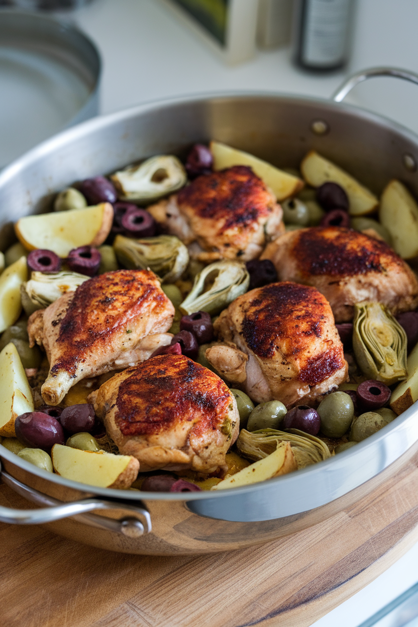 An indoor roasting pan filled with browned chicken pieces, artichoke hearts, olives, and potato wedges, all cooked together. No text or logos; photography only.