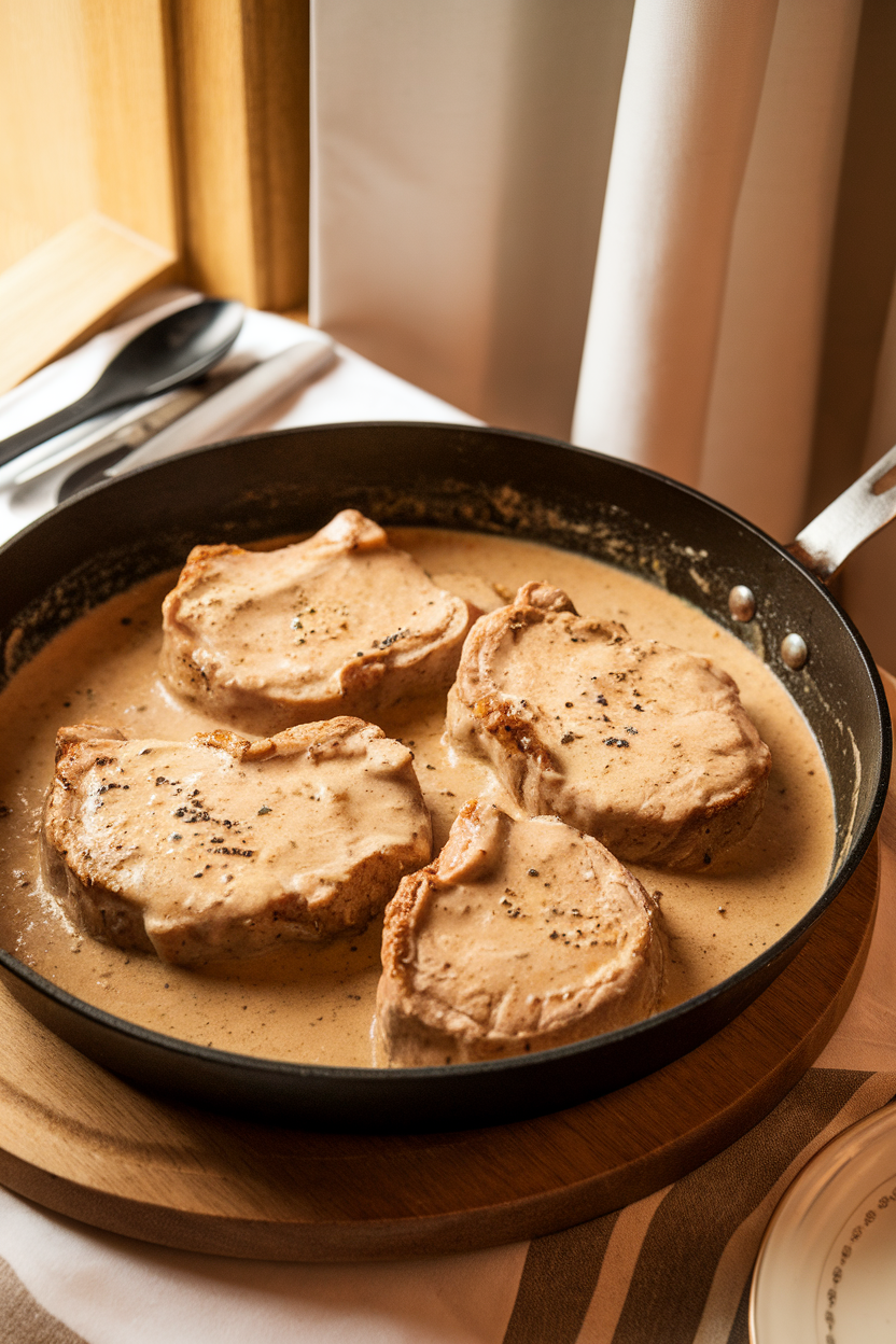 Indoor dining room scene featuring a shallow skillet of bone-in pork chops covered in creamy onion gravy, flecks of black pepper visible, no text or logos in frame. Photo.