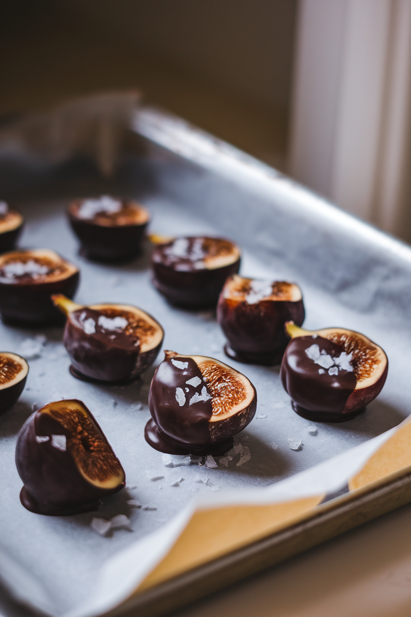 A softly lit indoor setting with a parchment-lined tray of half-dipped dried figs, glossy dark chocolate coating the bottom halves, sea salt flakes sprinkled lightly. No text or logos.
