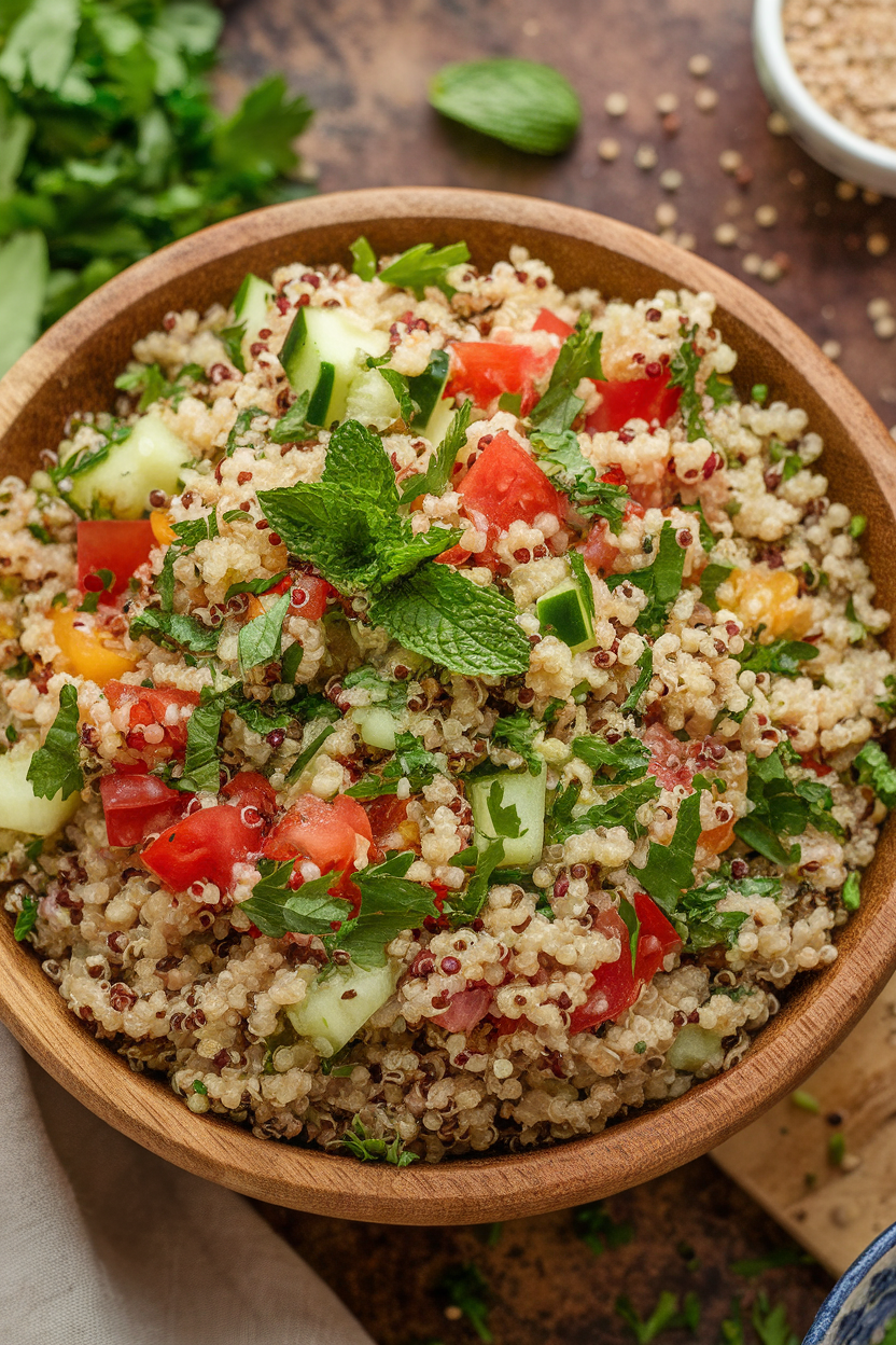 An indoor salad bowl brimming with vibrant quinoa tabbouleh—parsley, mint, diced tomatoes, and cucumber flecked throughout the fluffy grains, all glistening slightly. No text or logos present.