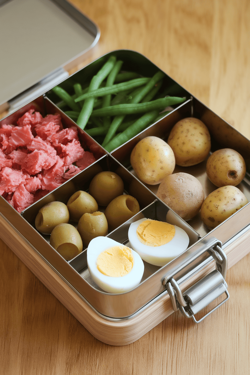 An indoor lunchbox compartmentalized with sections of tuna chunks, green beans, baby potatoes, olives, and hard-boiled egg wedges. Photo only; no text or logos.