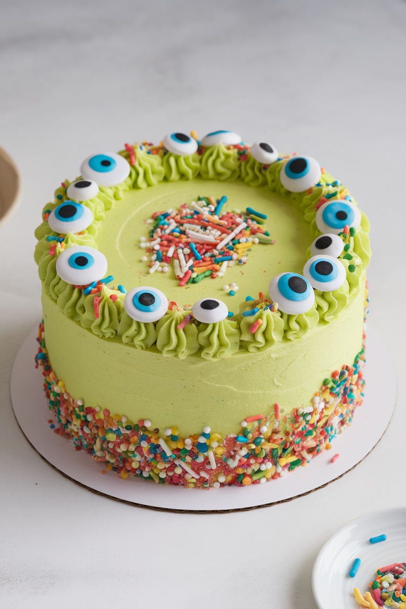 Indoor photo of a brightly colored funfetti cake covered in lime green frosting with candy eyes of various sizes scattered all around. No text or logos.