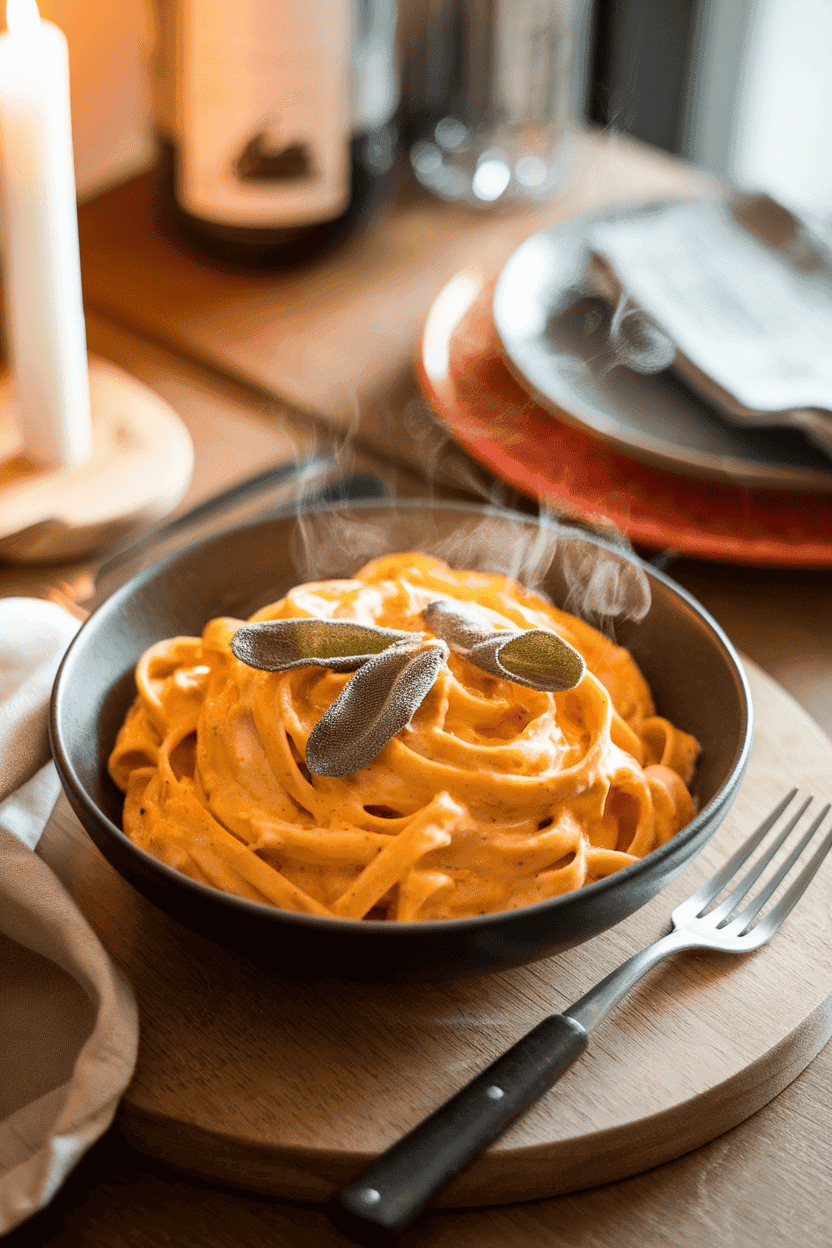 Indoor dining table setting featuring a bowl of creamy orange pumpkin Alfredo linguine, sage leaves on top, steam visible. No text or logos; photo.
