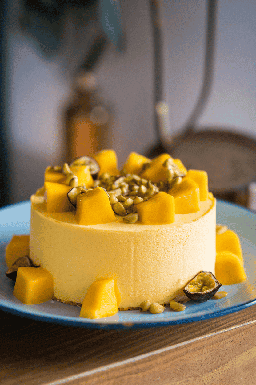 An indoor dessert plate with a bright yellow mousse cake topped with fresh mango cubes and a passionfruit seed drizzle. No text or logos present. Photo.