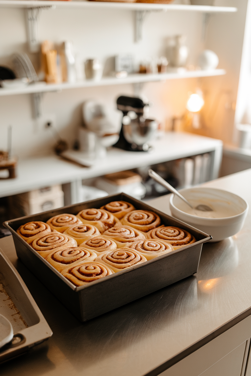 Photo of a pan of gooey cinnamon rolls with icing swirls, set on an indoor bakery counter. No text or logos.