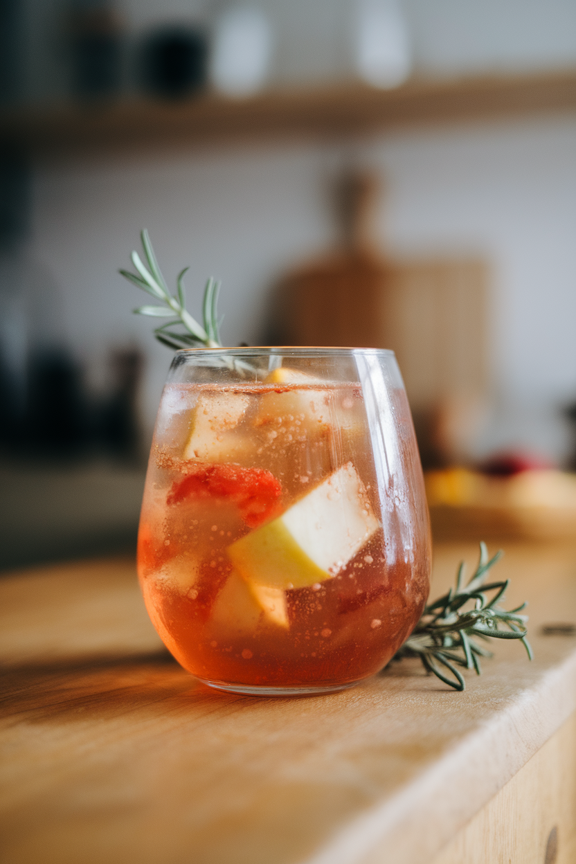 Photo of a stemless wine glass indoors, effervescent apple-cran ginger kombucha mocktail with floating apple cubes. No text or logos in scene.