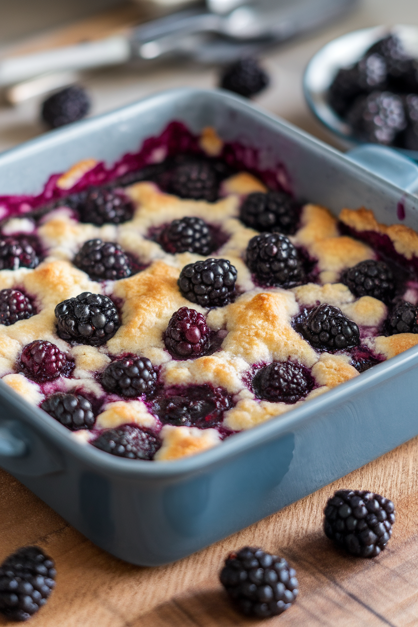 Indoor baking dish of blackberry cobbler, deep purple juices bubbling around golden crust, no text or logos. Photo.