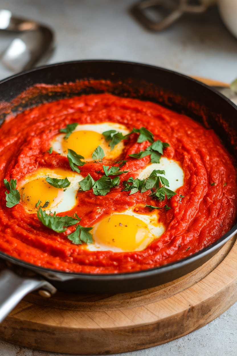 Photo, indoor skillet of thick tomato-pepper sauce ready for eggs, garnished with parsley; no text or logos.