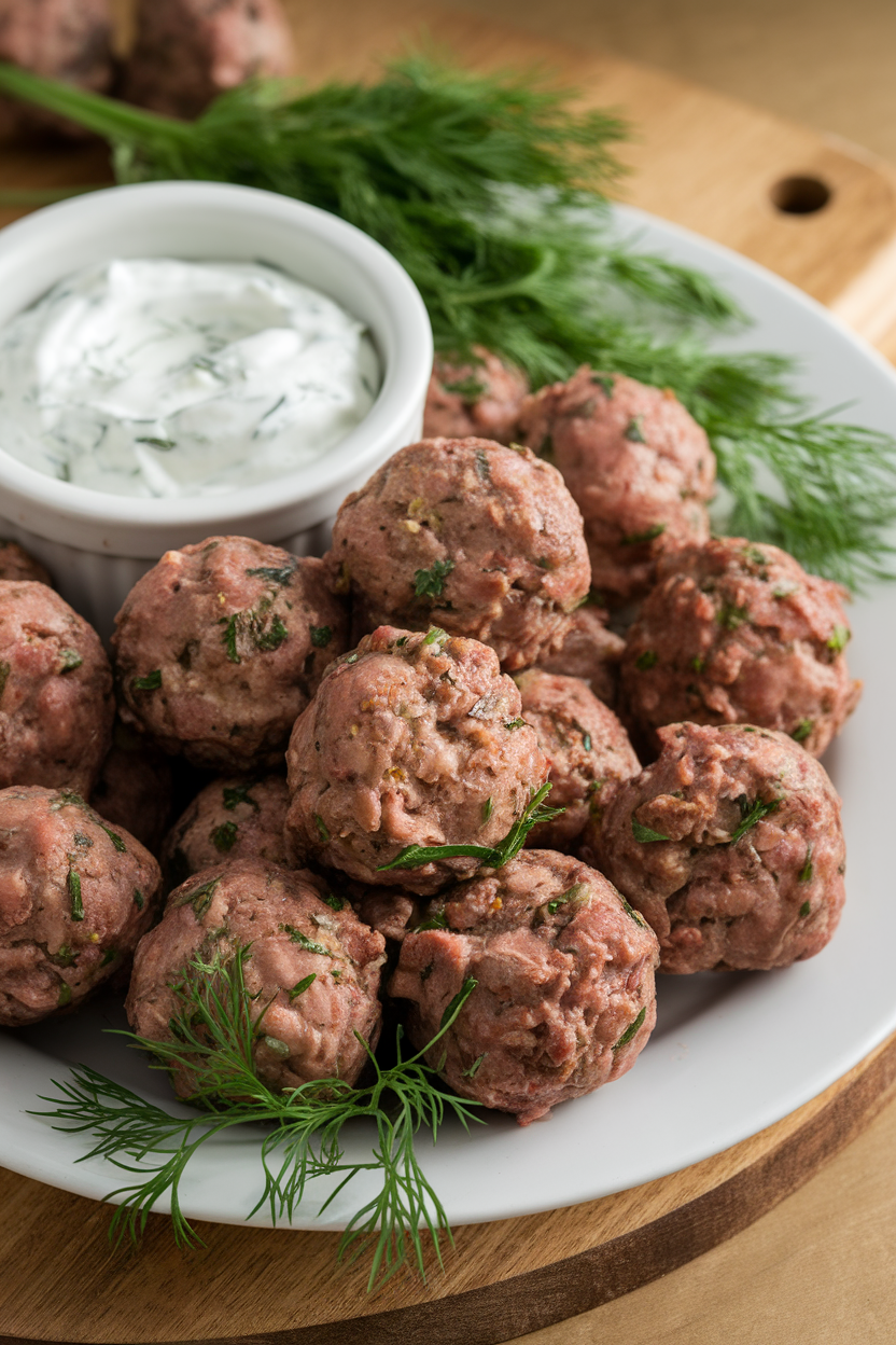 White platter of lamb meatballs with a small bowl of tzatziki, sprigs of dill, photographed indoors. No text or logos.