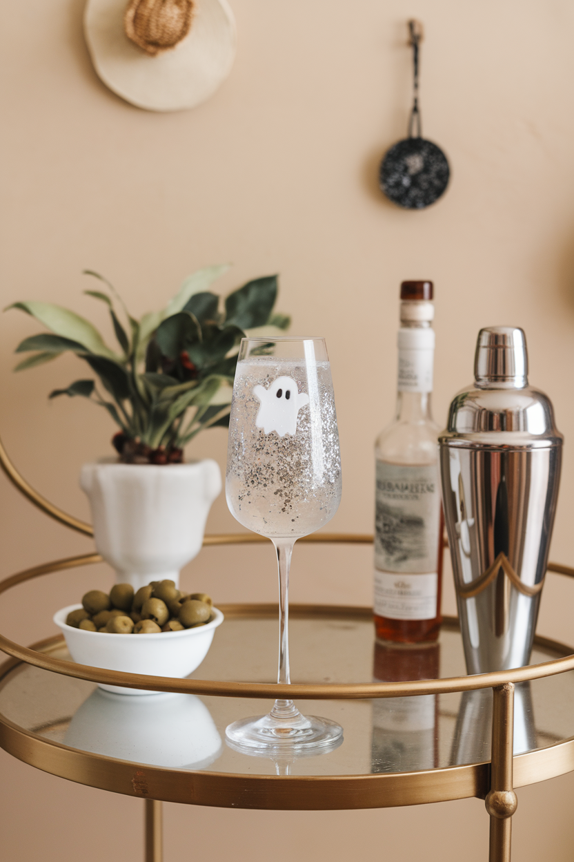 Indoor bar cart with a flute of clear spritzer flecked with silver edible glitter, ghost-shaped ice cube floating. No text or logos anywhere. Photo, not illustration.