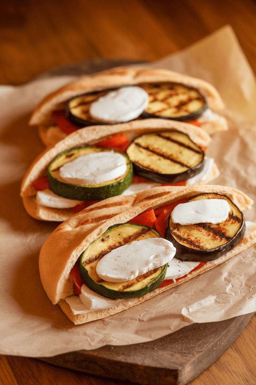 Indoor image of stuffed pita halves filled with grilled zucchini, eggplant, and mozzarella slices, resting on parchment. No logos.