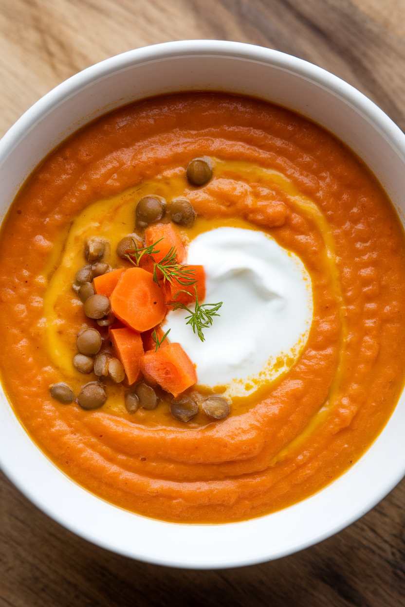 Indoor photo of a creamy orange carrot and lentil soup in a white bowl, dollop of yogurt, no text or logos in sight.