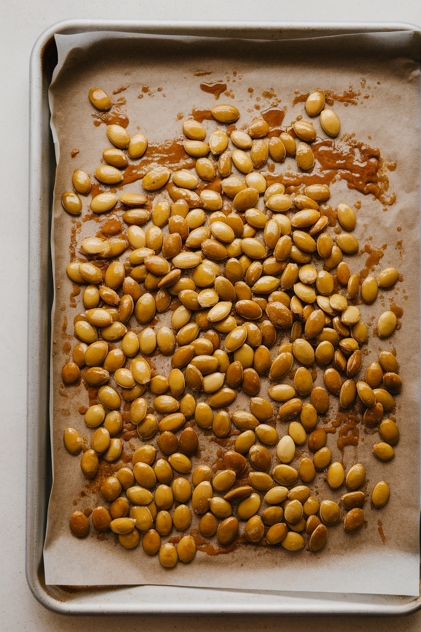 An indoor sheet pan covered with parchment and scattered with glossy roasted pumpkin seeds, bits of hardened maple glaze visible. No text or logos.