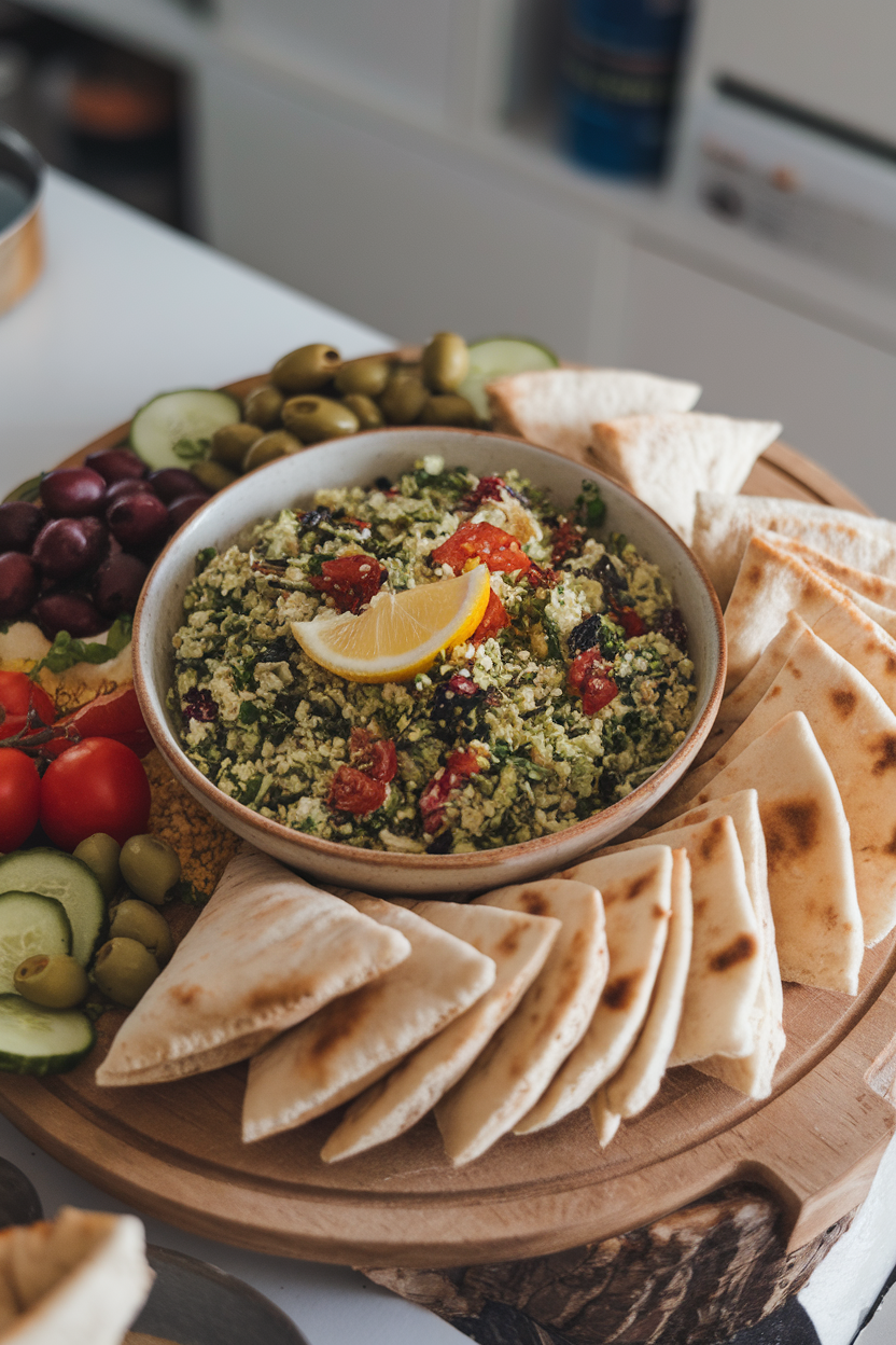 An indoor mezze platter showcasing a shallow bowl of lemony tabbouleh scoopable consistency, pita triangles arranged. Photo, no text or logos.
