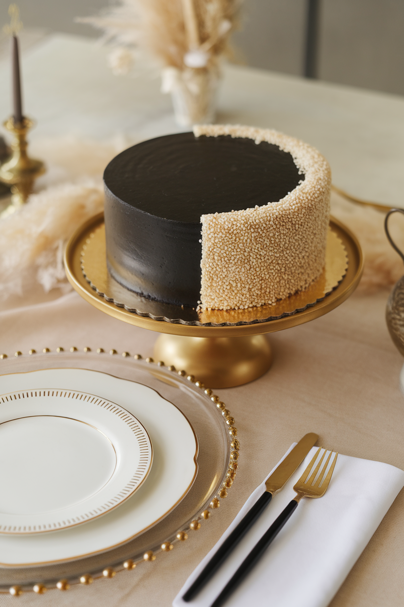 Indoor photo of a sleek black sesame cake with white sesame sprinkle crescent, elegant table setting. No text or logos.