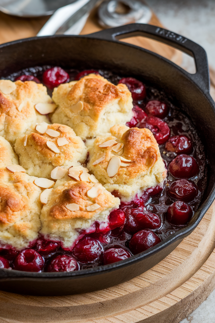Indoor shot of a bubbling cherry cobbler in a cast-iron skillet, golden biscuit topping studded with sliced almonds. No text or logos.