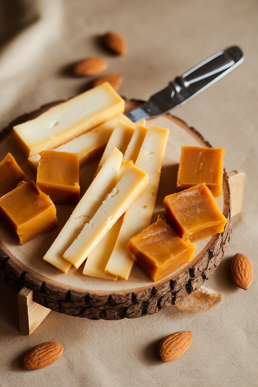 An indoor cheese board featuring thin wedges of Manchego alongside jewel-colored quince paste squares, a few almonds scattered around. No text or logos. Photo, not illustration.