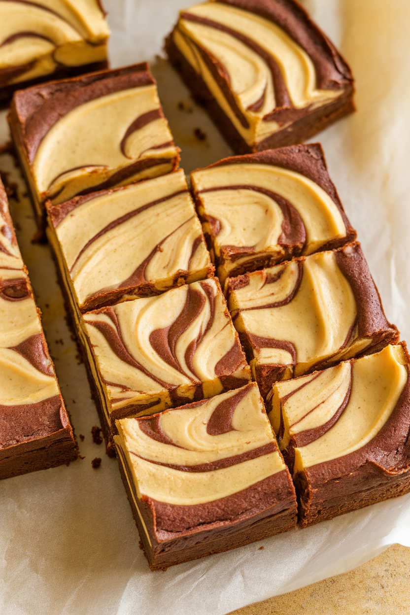 Indoor photo of brownie bars with pumpkin cheesecake swirls sliced into neat squares on parchment. No text or logos.