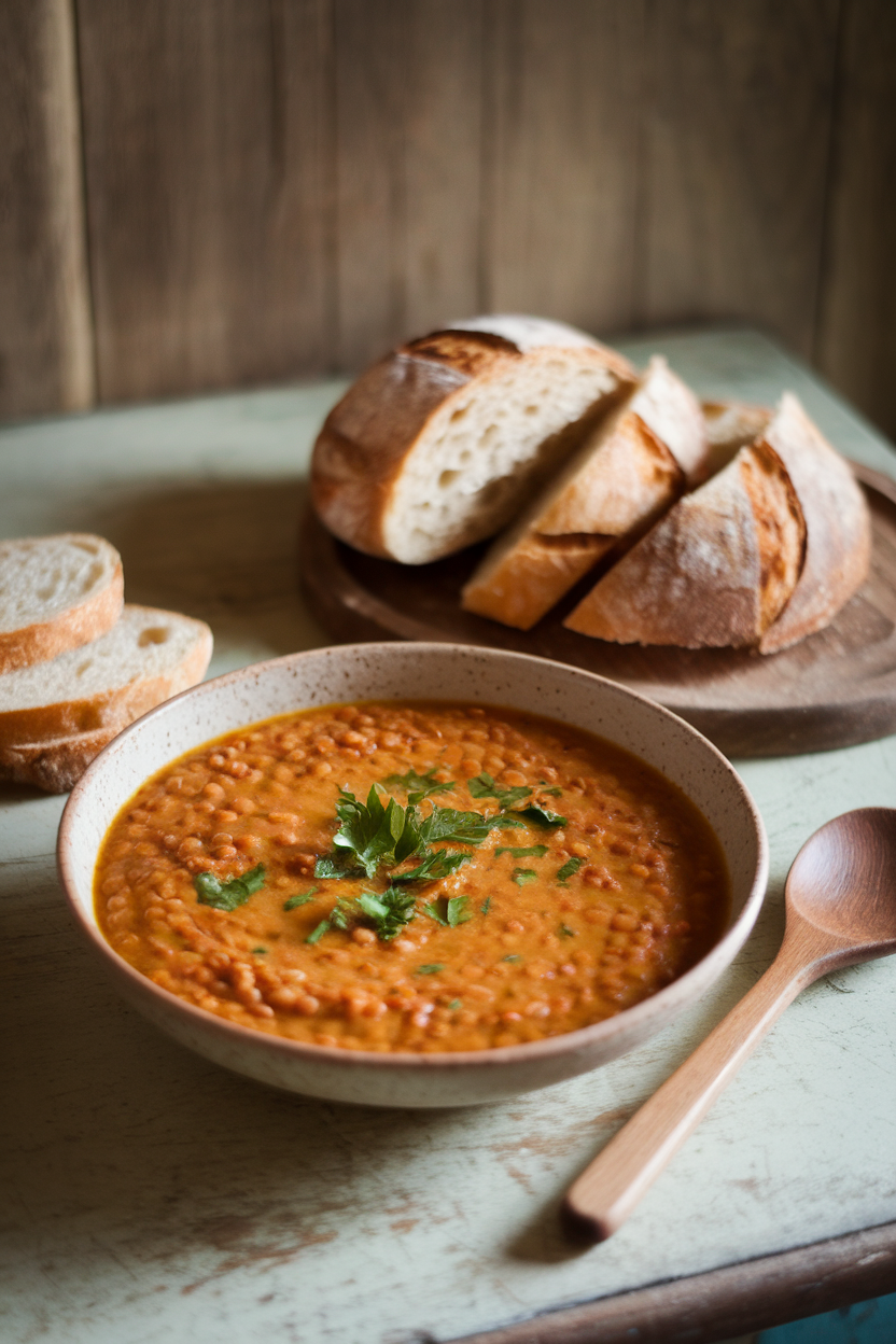 A rustic indoor table with a shallow bowl of golden red lentil soup flecked with parsley; steam rising gently under soft lighting, no logos or text anywhere.