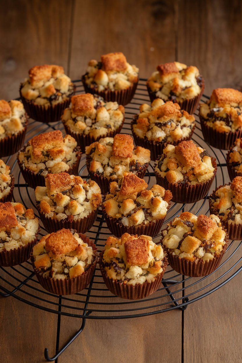 An indoor rack holding individual stuffing muffins made from pretzel bread cubes, crispy tops evident; no text or logos. Photo.</Prompt
