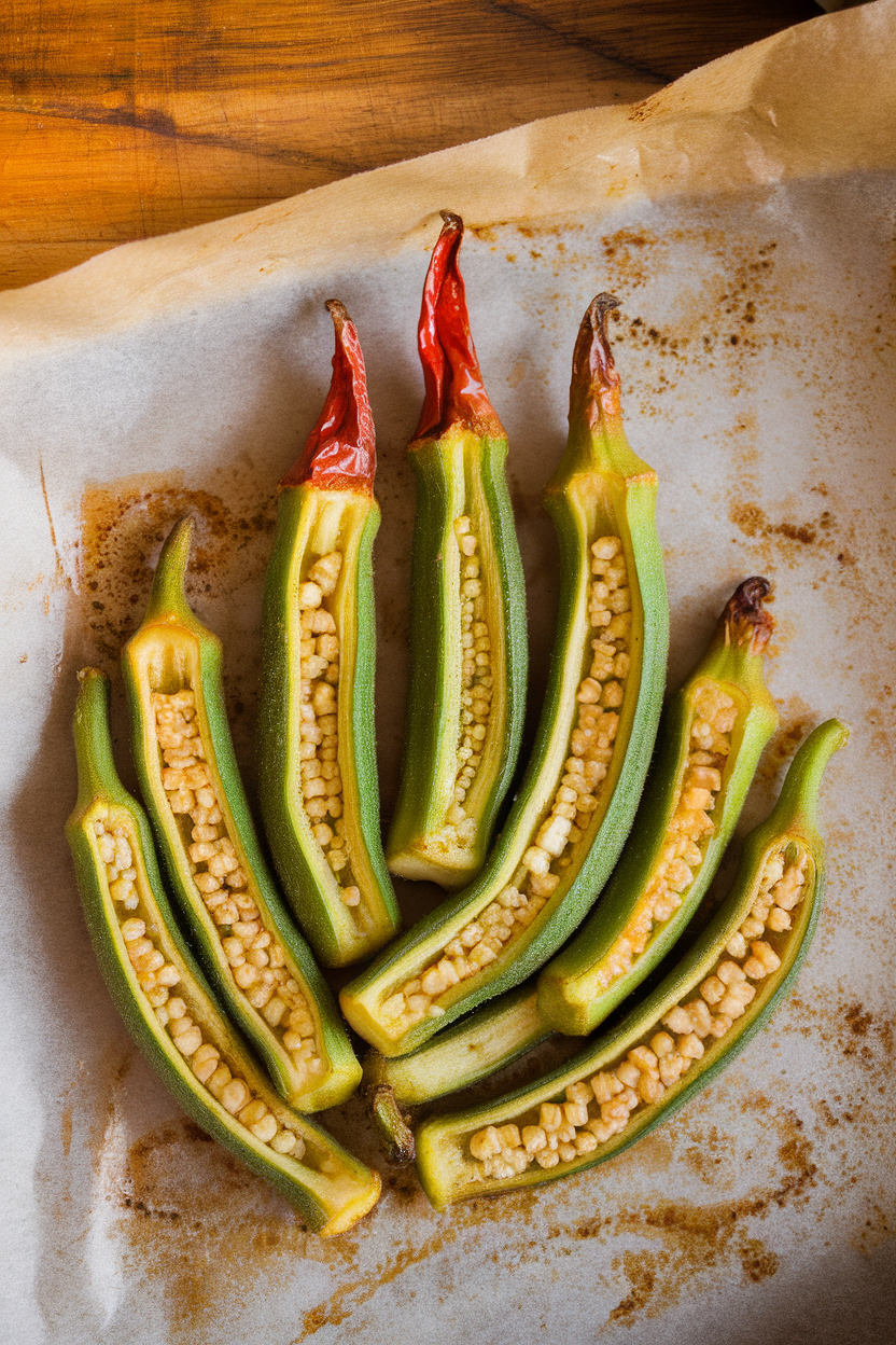 Indoor photo of roasted whole okra pods laid in a hand-shaped pattern on parchment, each tip capped with a sliver of red pepper to mimic a witch’s nail. No text or logos.