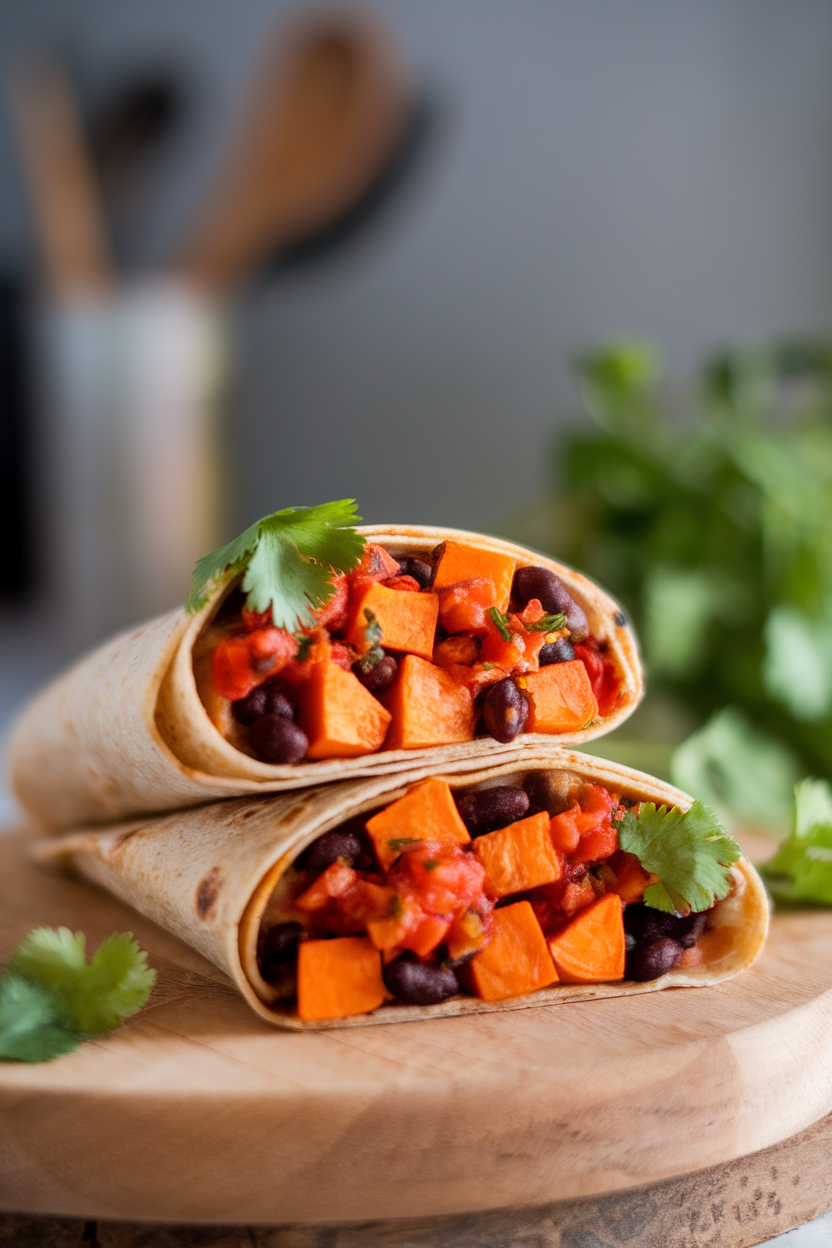 Indoor photo of a whole-wheat tortilla wrapped around roasted sweet potato cubes, black beans, and salsa, sliced in half to show filling. No visible text or logos.