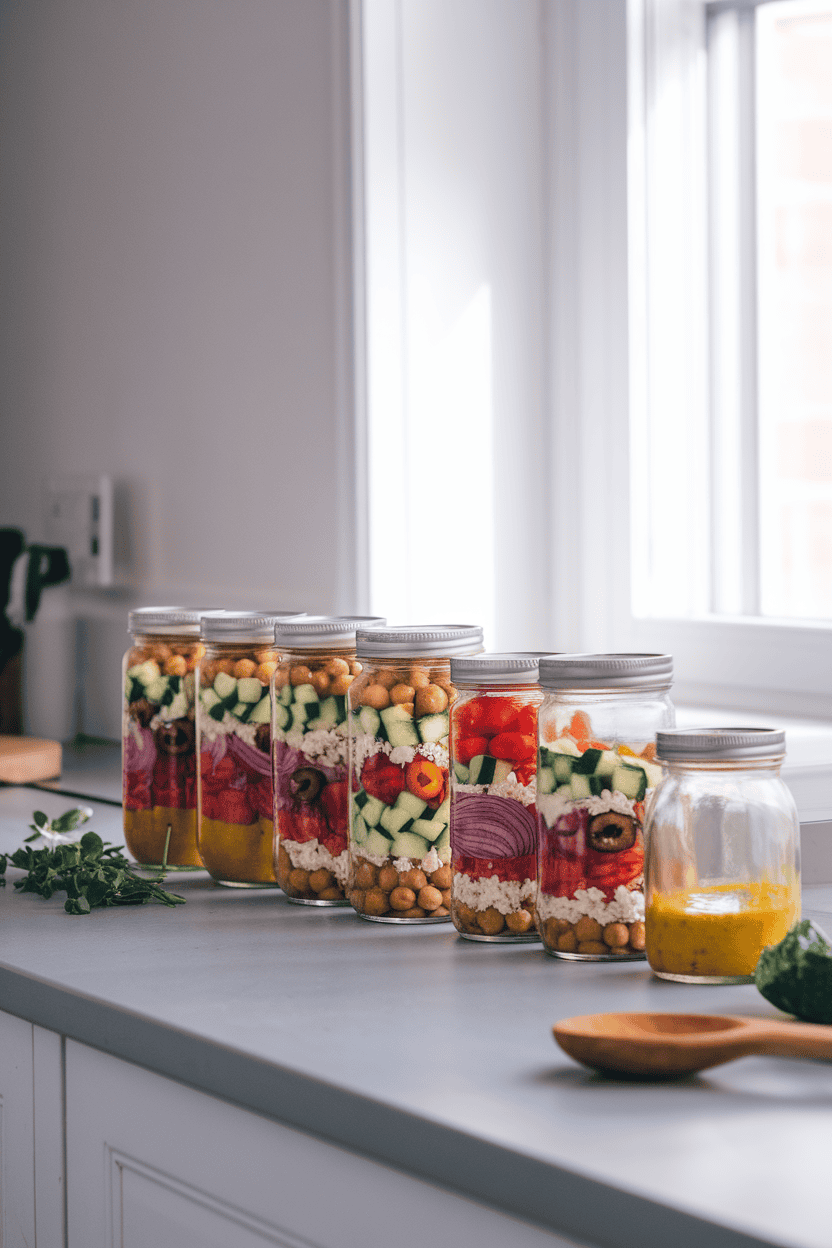 A photo of several glass jars lined up on an indoor counter, layered with cooked chickpeas, diced cucumber, cherry tomatoes, red onion, olives, and crumbled feta. Bright kitchen window light, no text or logos.