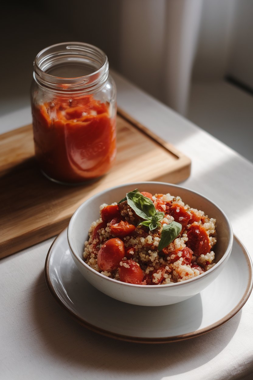 Soft indoor light on a jar of tomato confit beside a bowl of quinoa mixed with the slow-cooked tomatoes and basil; no text or logos.